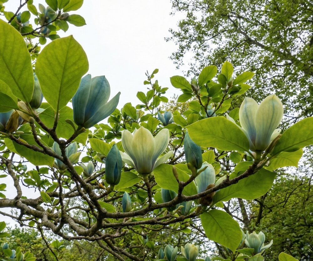 Žalsvai geltonas agurkinės magnolijos žiedas ir žalias vaisius