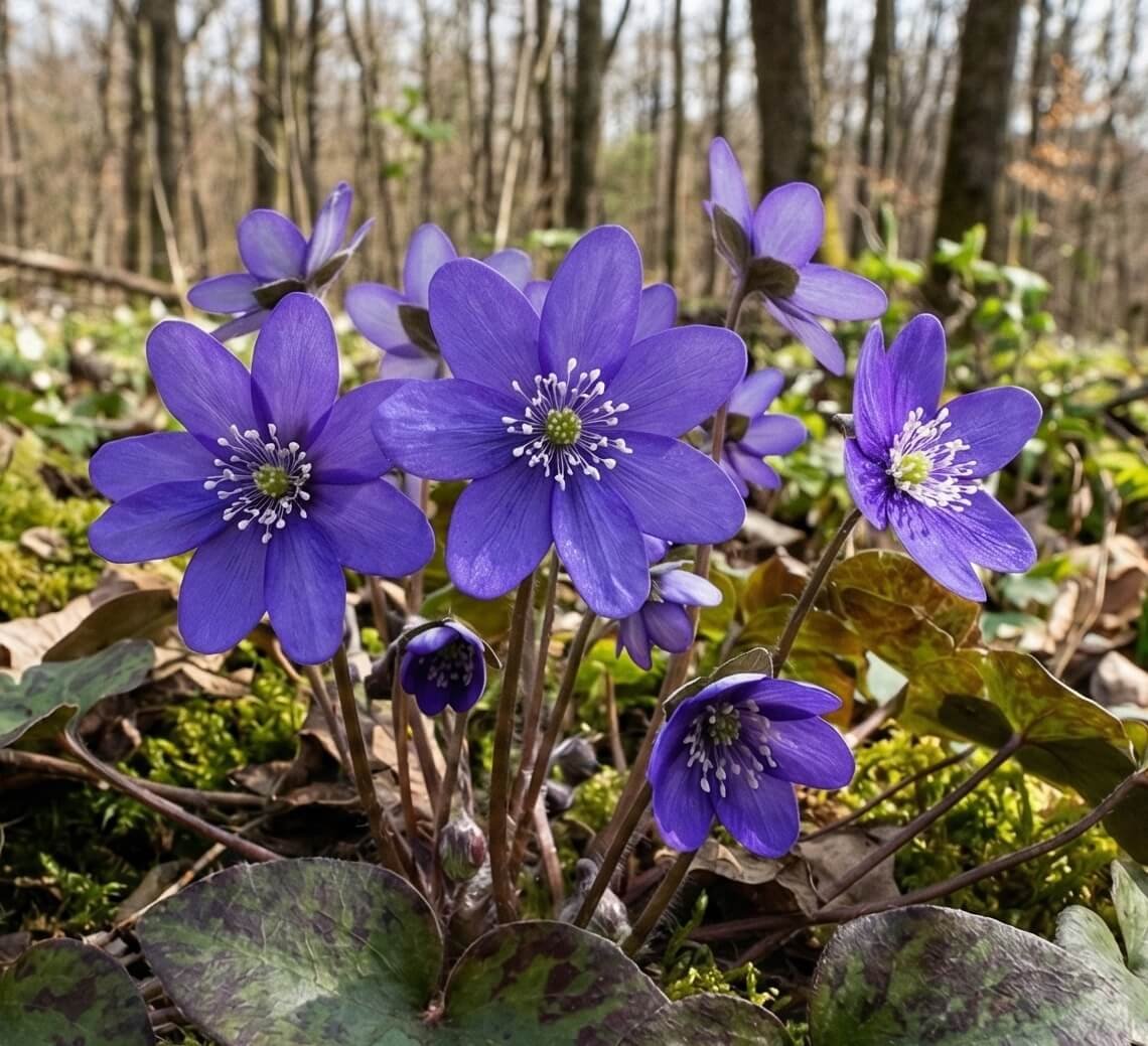 Mėlyni žibuoklės žiedai pavasariniame miške, Triskiautė žibuoklė (Hepatica nobilis)