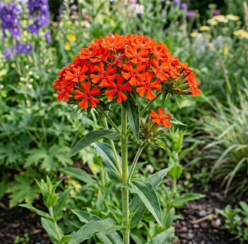 Ryškiai raudoni goštautinės gaisrenos (Lychnis chalcedonica) žiedai sode