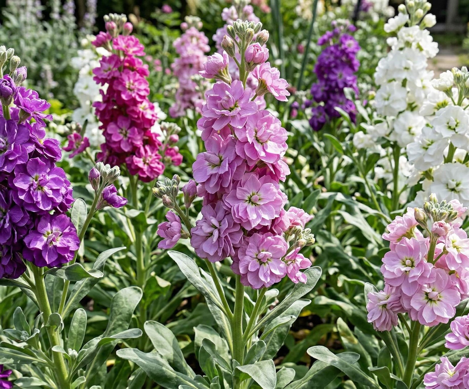 Įvairiaspalviai ir kvapnūs leukonijos (Matthiola) žiedai gėlyne