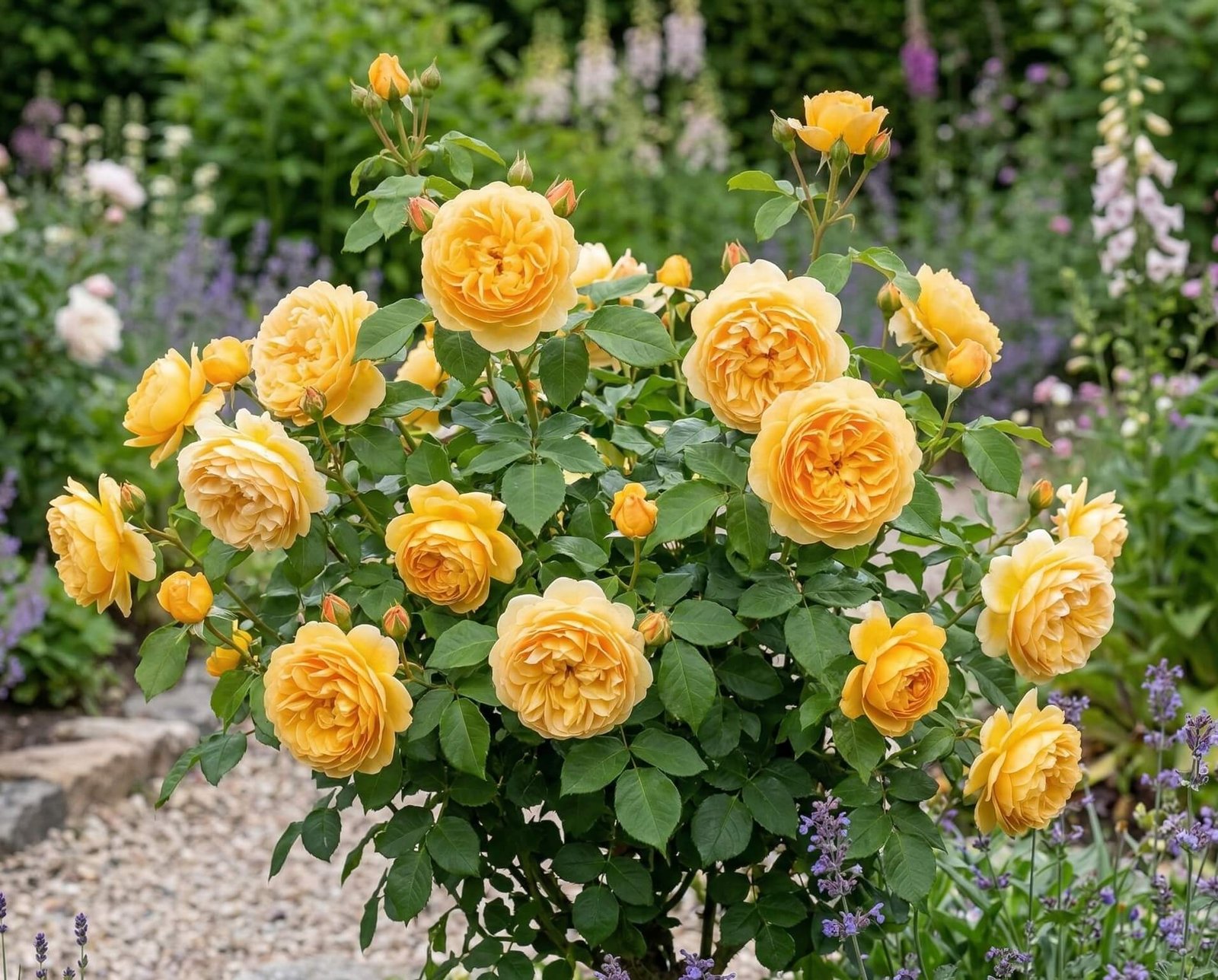 Ryškiai geltoni angliškos rožės (Rosa Graham Thomas) žiedai gėlyne