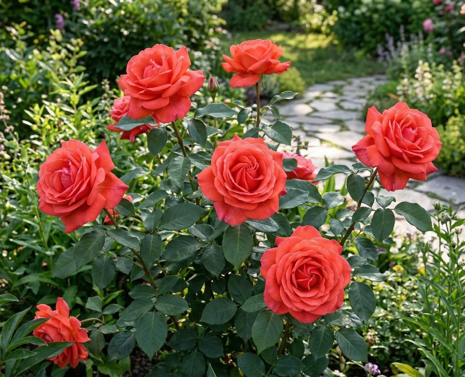 Koralinės ir raudonos spalvos rožės (Rosa Fragrant Cloud) žiedai