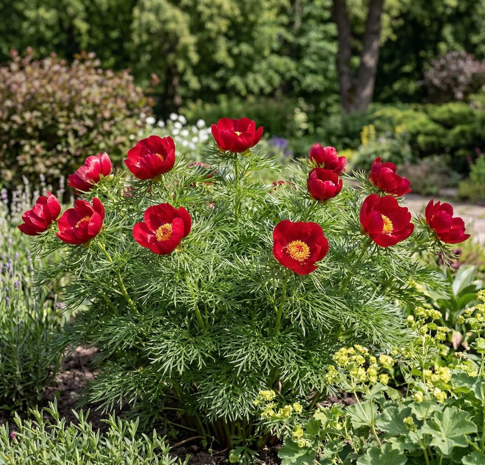 Ryškiai raudoni siauralapio bijūno (Paeonia tenuifolia) žiedai ir ploni lapai