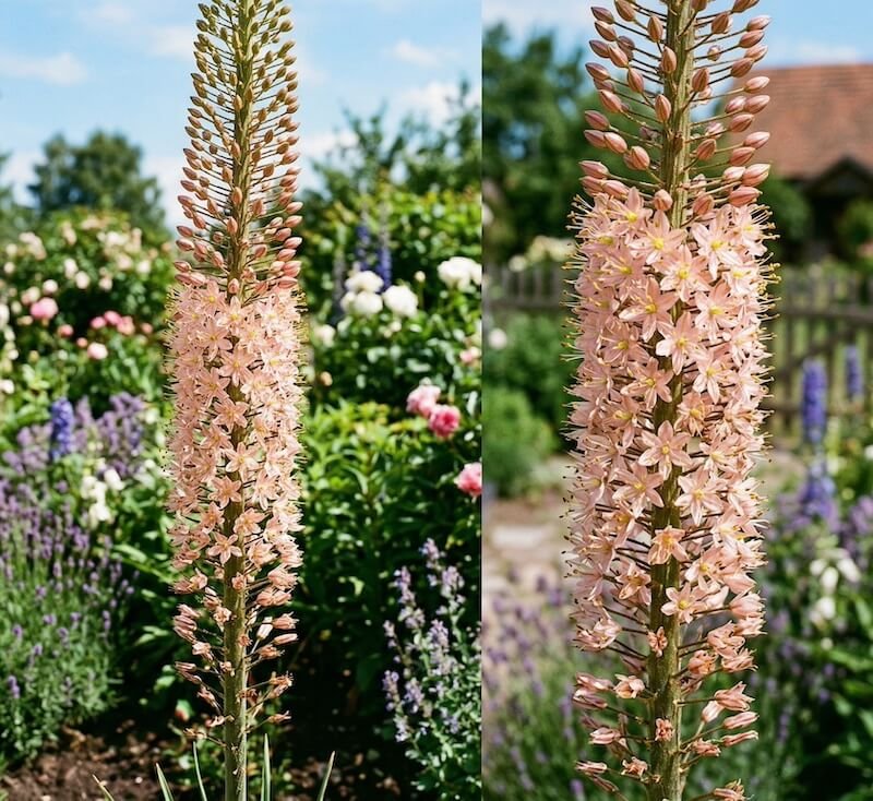 Aukšti šviesiai rausvi didžiojo eremūro (Eremurus robustus) žiedynai gėlyne