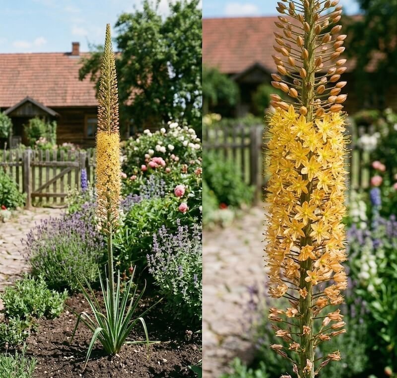 Aukšti geltoni siauralapio eremūro (Eremurus stenophyllus) žiedynai gėlyne