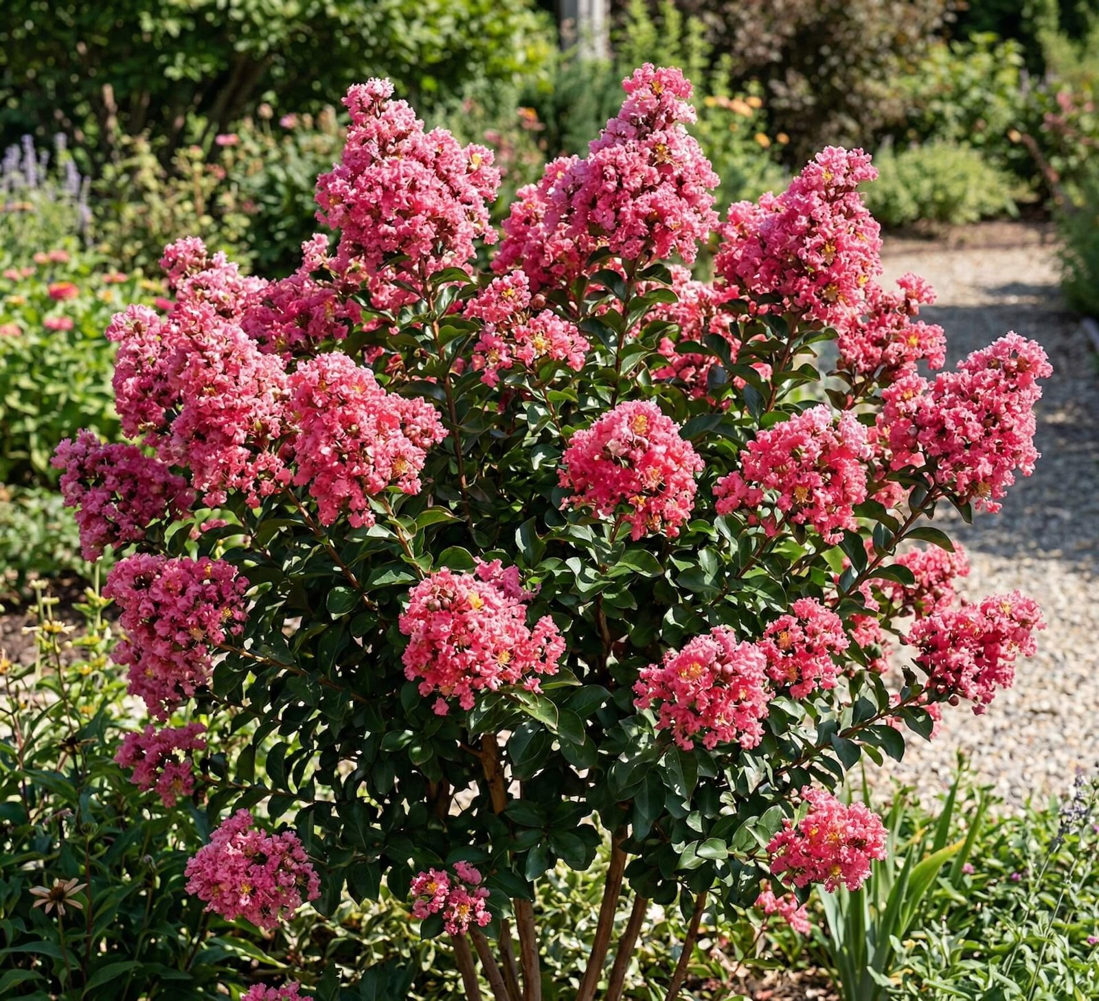 Koralų spalvos indinės krausvos (Lagerstroemia indica Coral Magic) žiedai vasaros sode