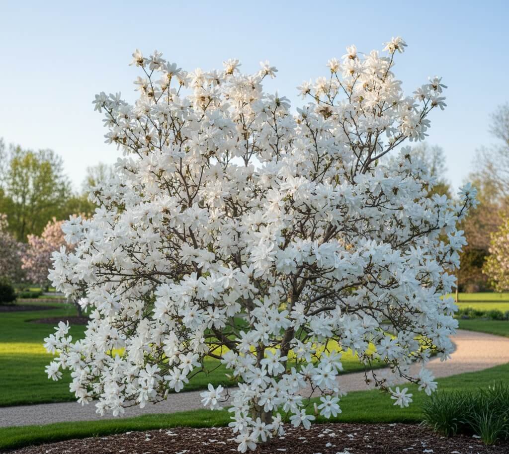 Baltas, pilnaviduris, žvaigždės formos magnolijos 'Royal Star' žiedas