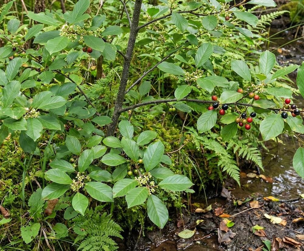 Juodos ir raudonos šaltekšnio uogos ant šakelės