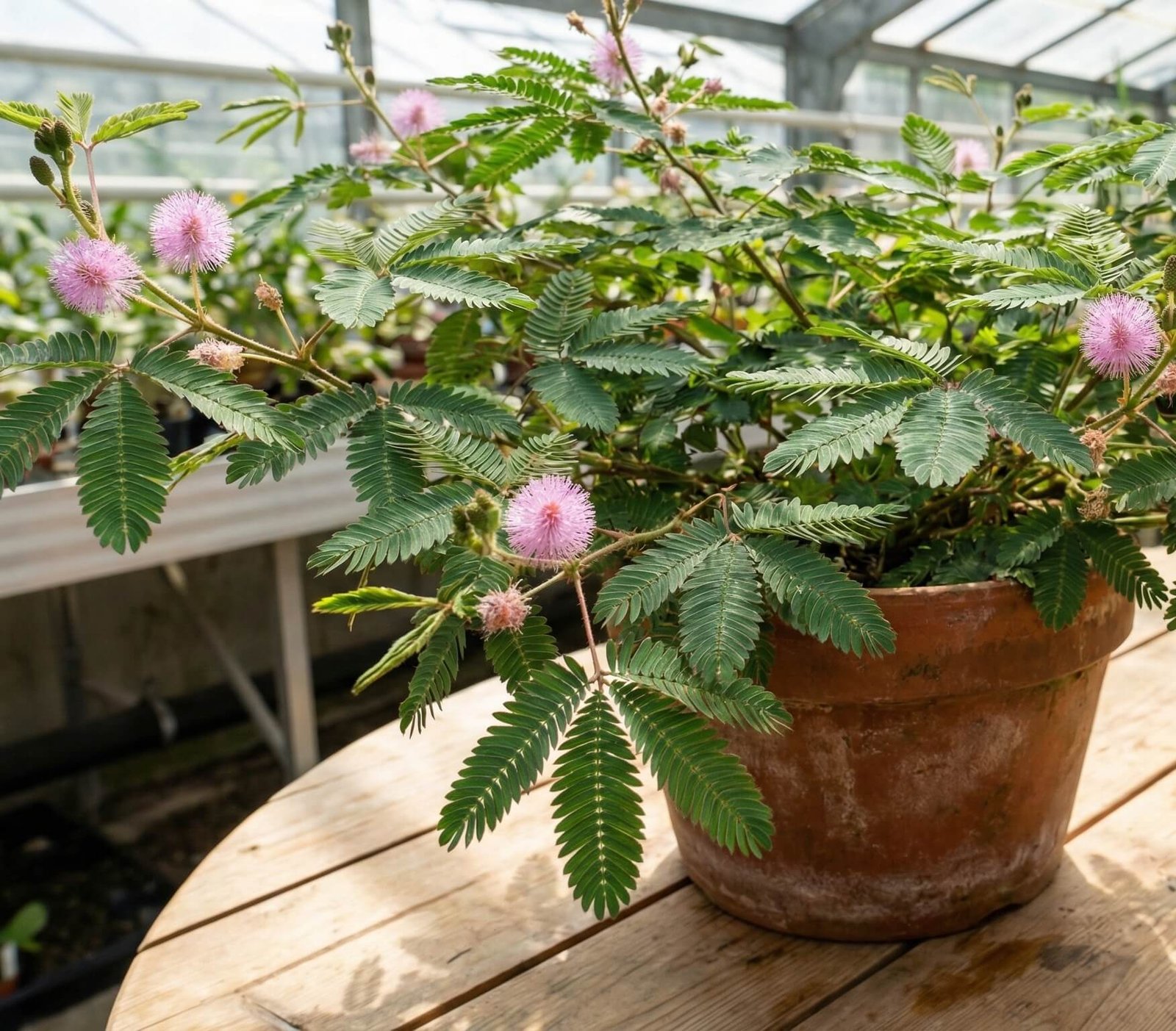 Susiskleidę ir išsiskleidę jautriosios mimozos lapai