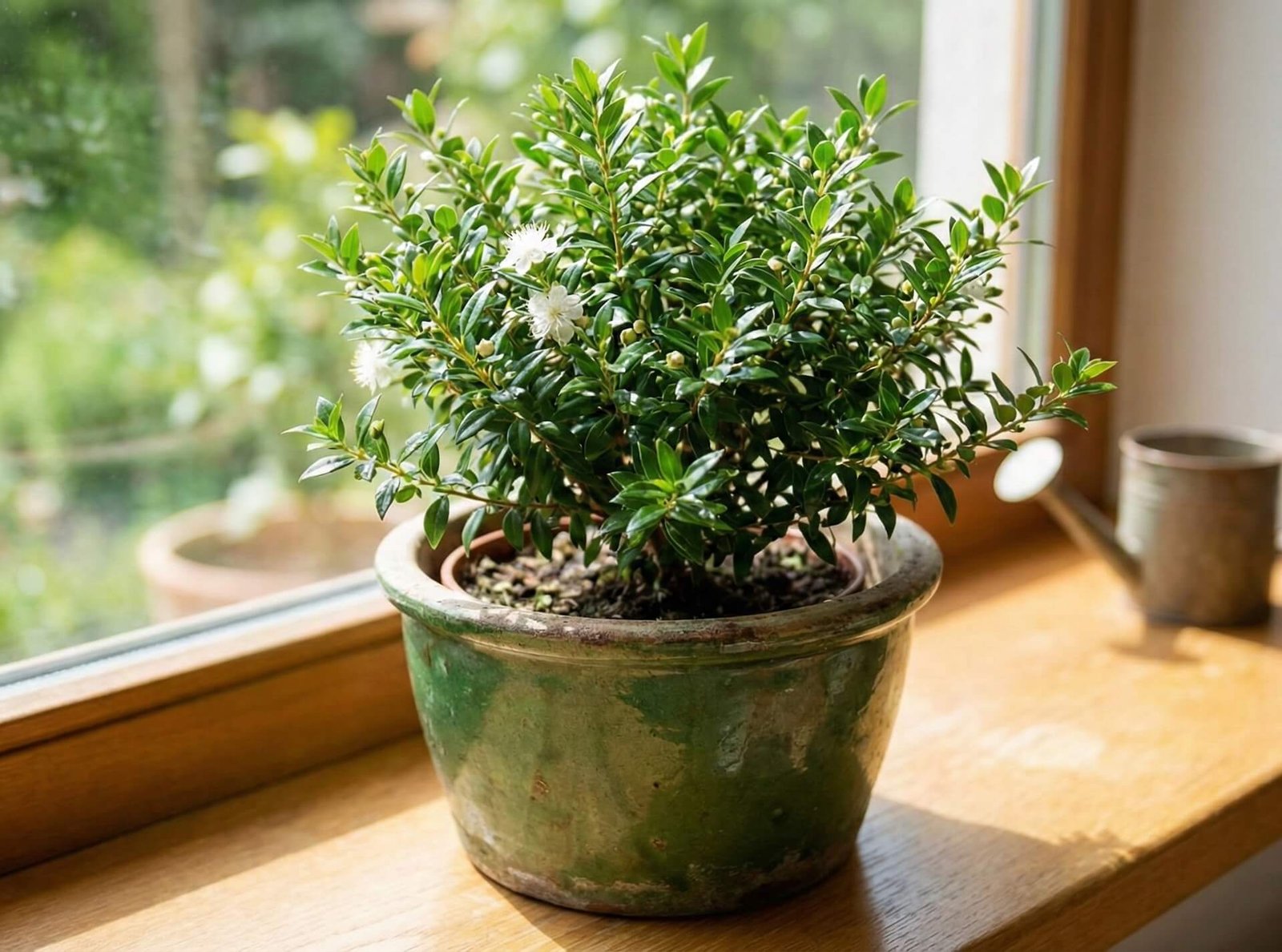 Mirtos šakelė su baltais, puriais žiedais