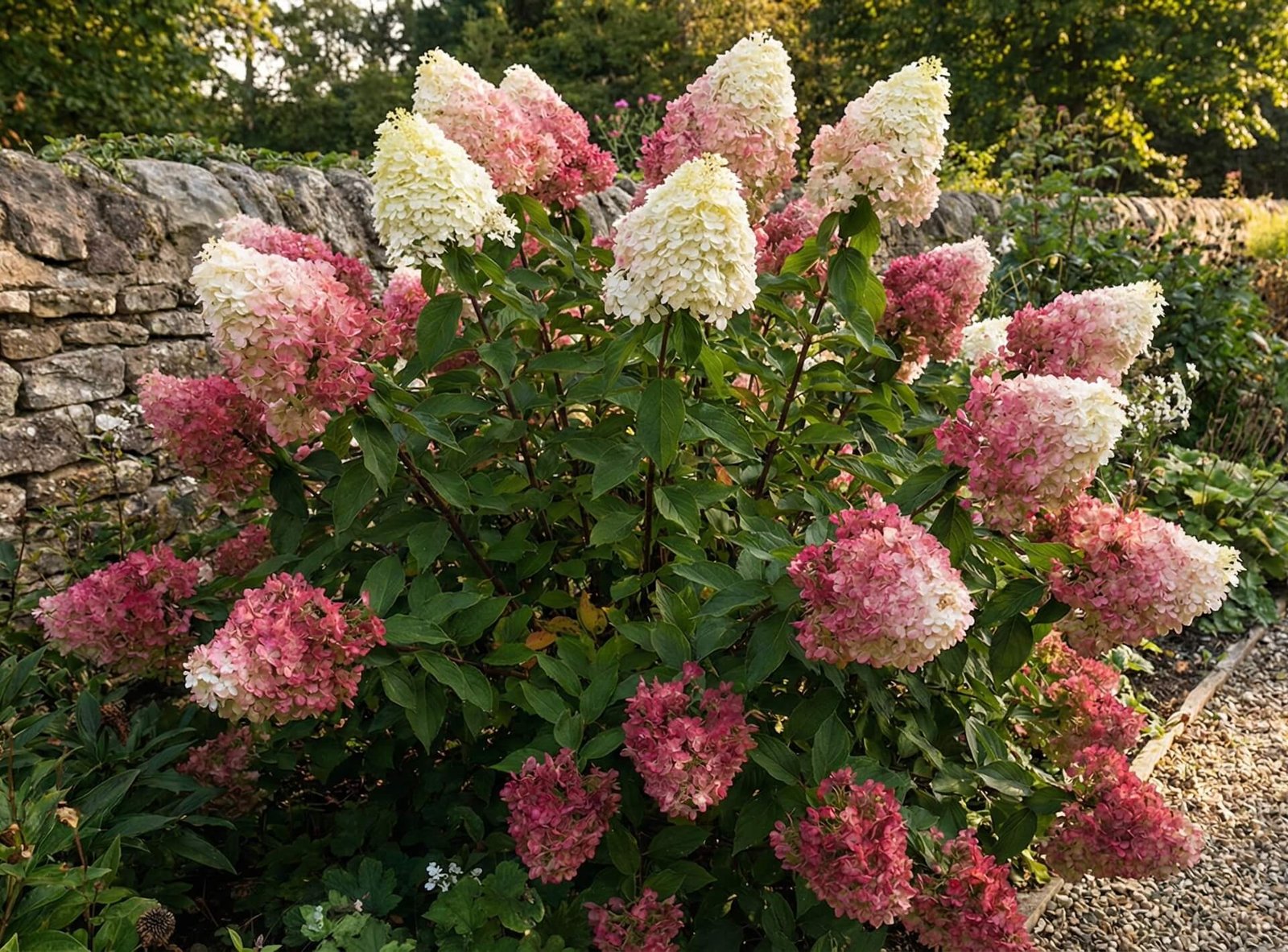Baltas ir rožinis hortenzijos 'Vanille Fraise' žiedynas