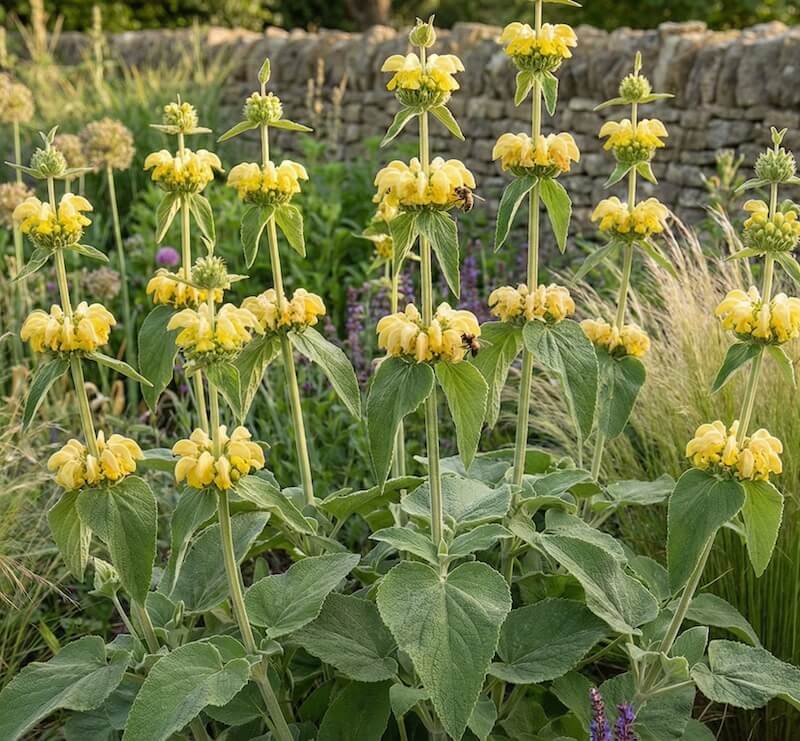 Šviesiai geltoni Ruselo guobenė žiedai ir dideli lapaim