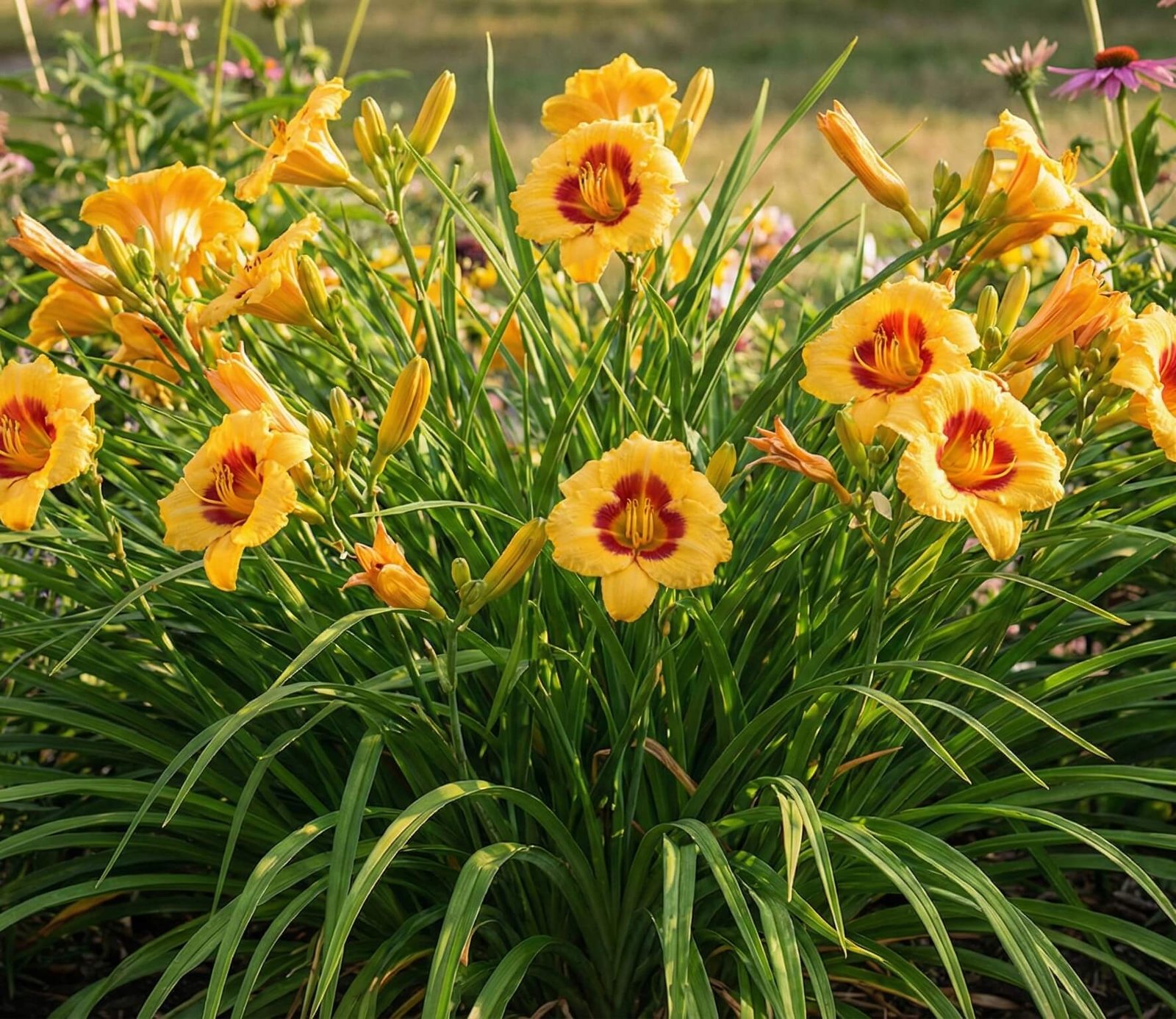 Įvairiaspalviai viendienės žiedai sode