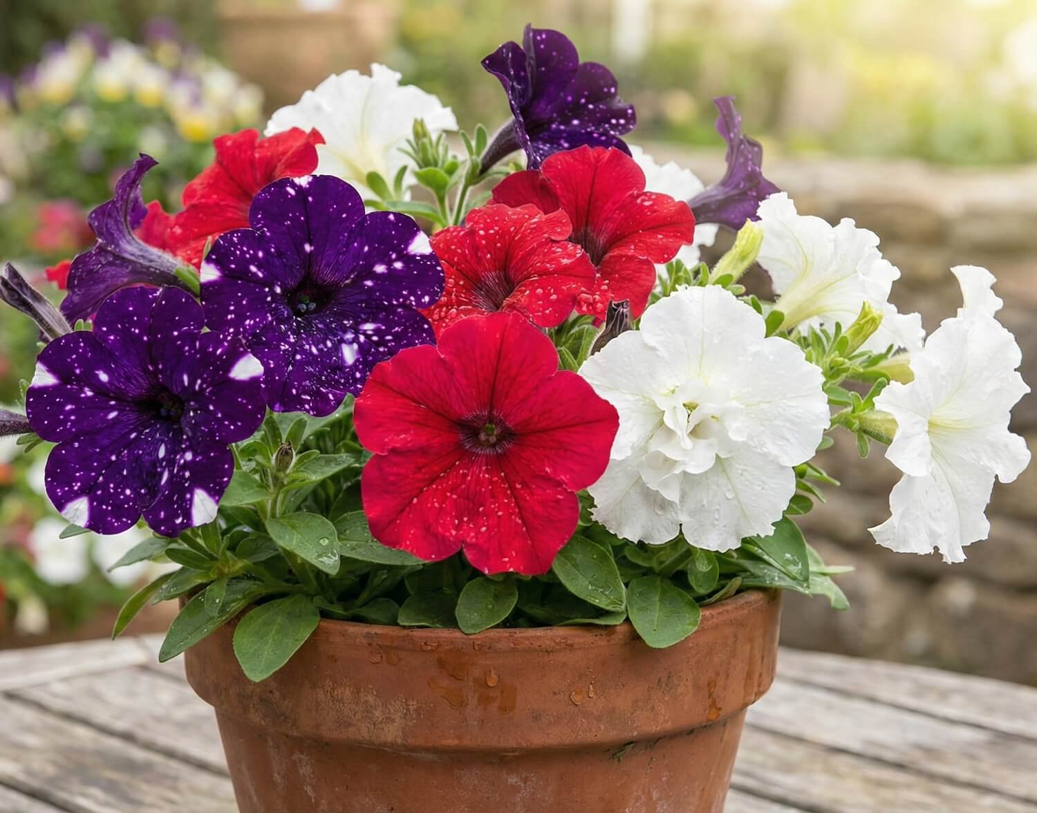 Įvairiaspalviai, piltuvėlio formos petunijos žiedai