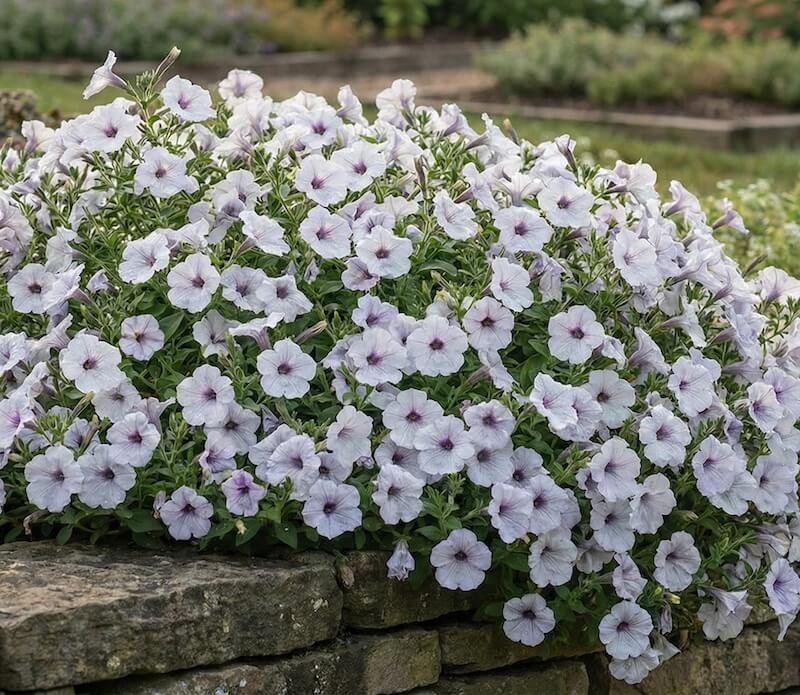 Sidabriškai balti su violetiniu viduriu 'Tidal Wave' žiedai