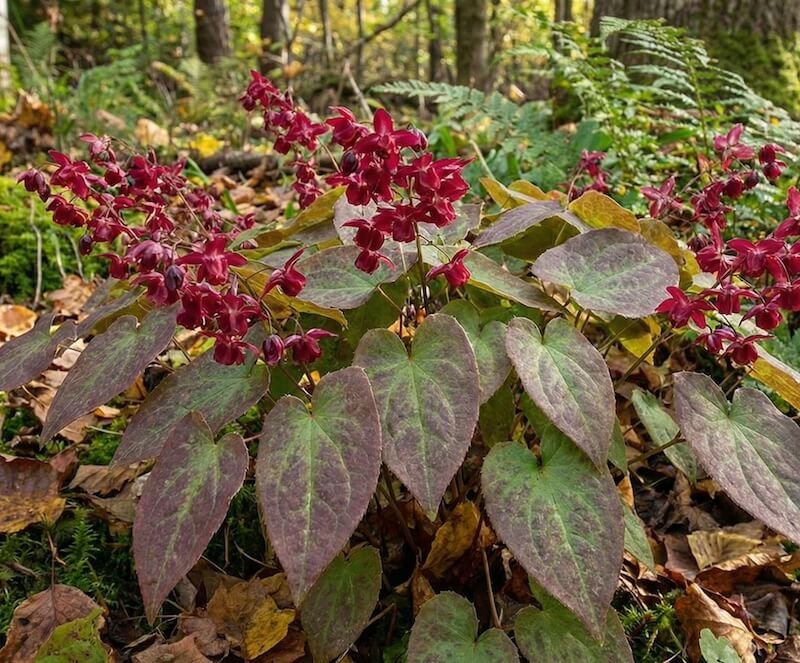 Smulkūs, raudonos ir geltonos spalvos epimedžio žiedai