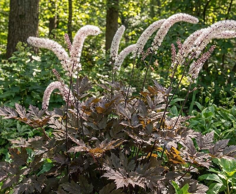 Tamsūs, beveik juodi juodžolės 'Brunette' lapai