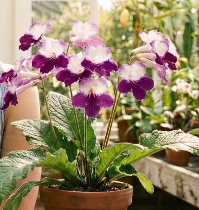 Violetiniai ir balti streptokarpo žiedai