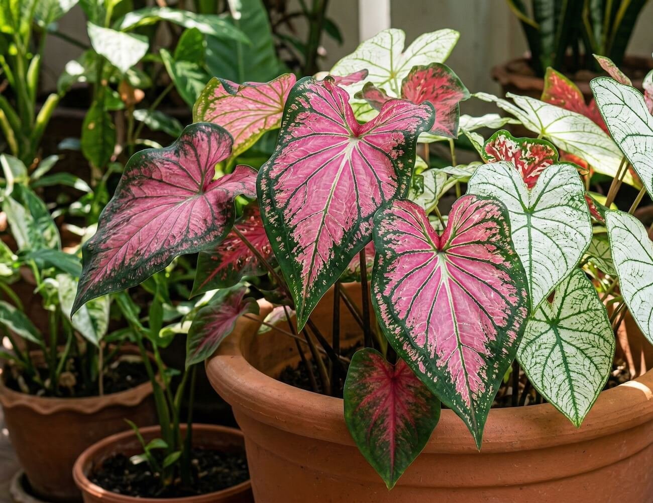 Dideli, margi, rožinės ir žalios spalvos kaladijo lapai