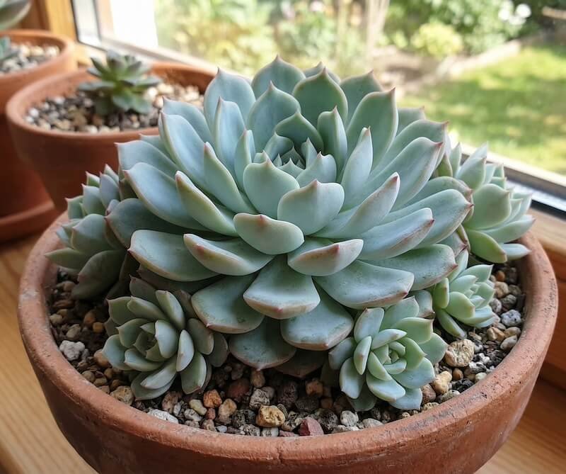 Melsvai žalia, rožės formos echeverijos skrotelė