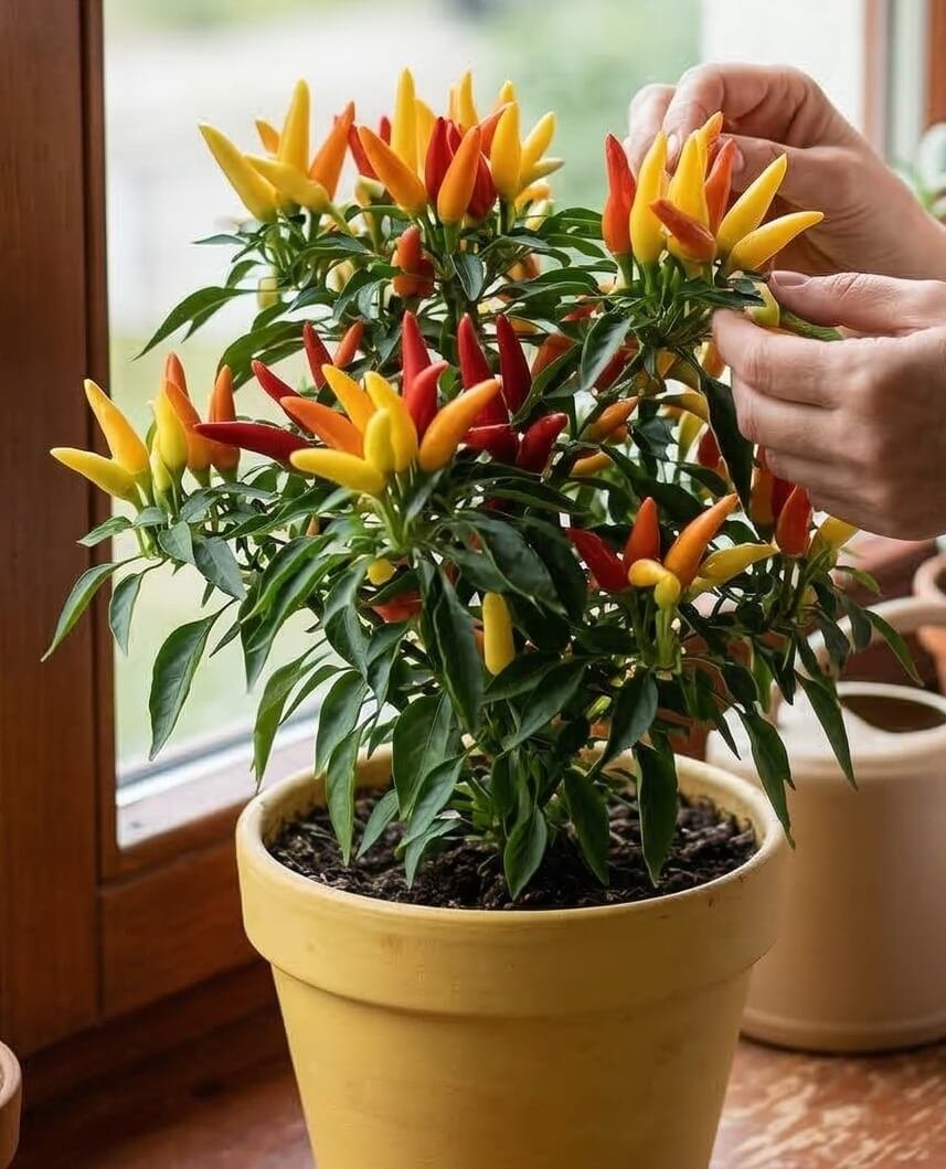 Įvairiaspalviai, į viršų augantys paprikos 'Poupila' vaisiai