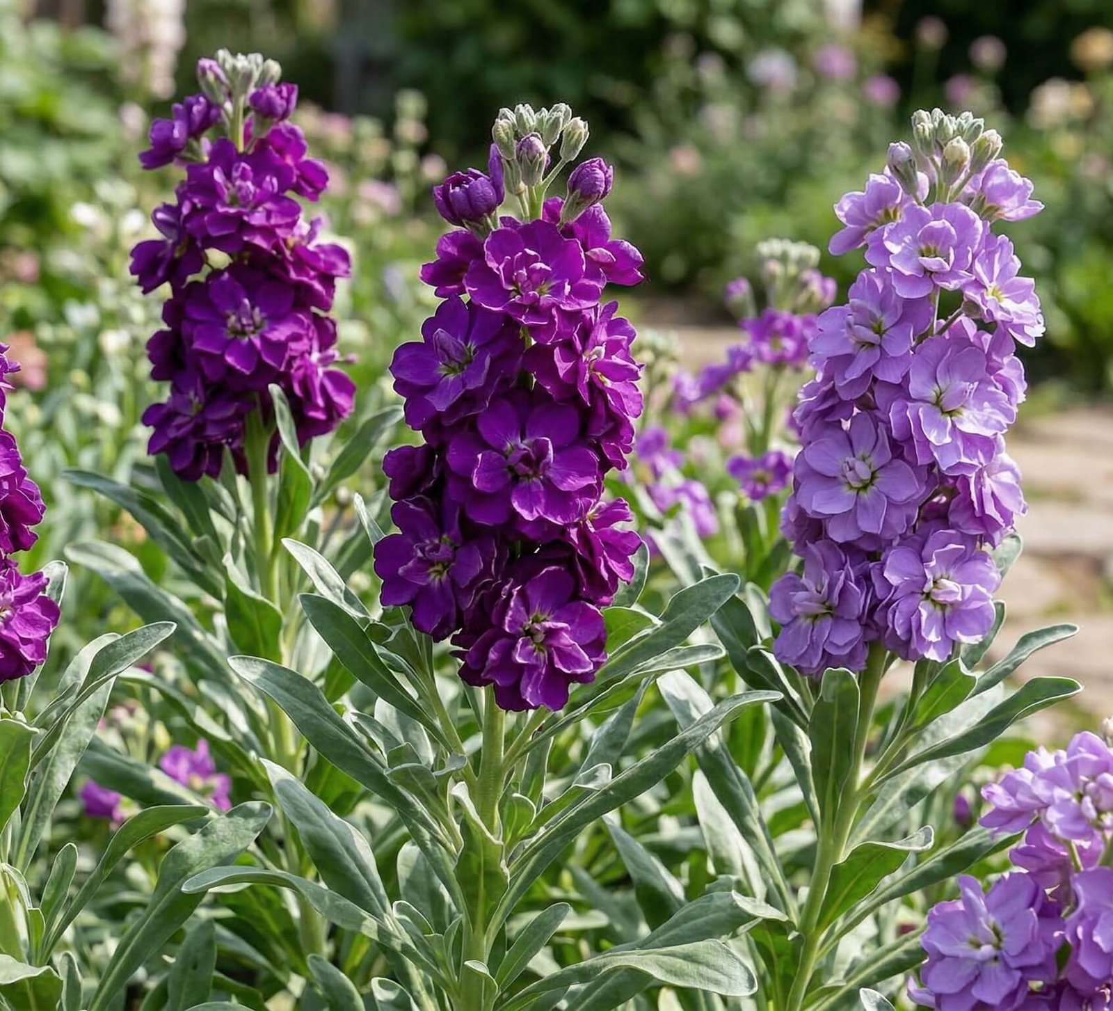 Įvairiaspalviai ir kvapnūs pilkosios leukonijos (Matthiola incana) žiedai gėlyne