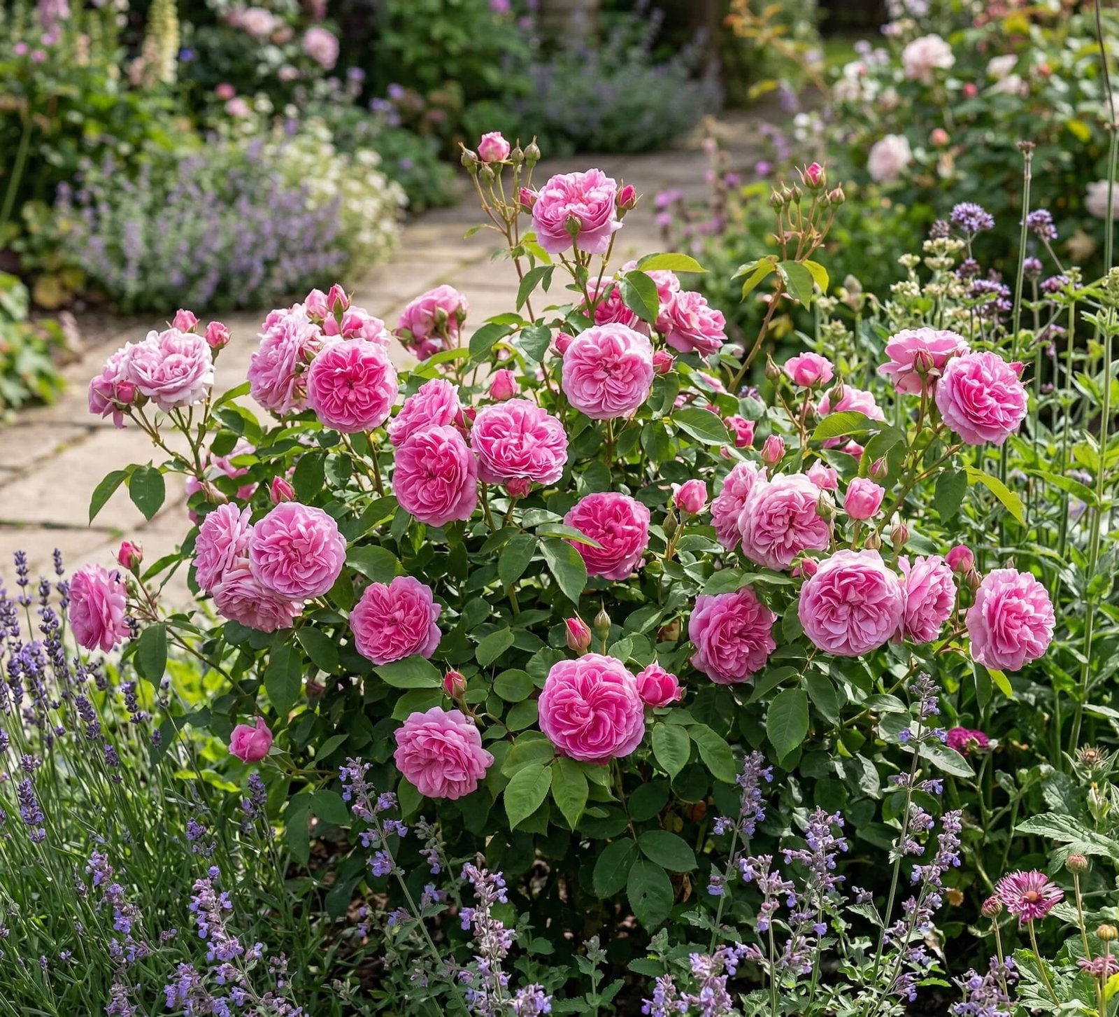 Ryškiai rožiniai angliškos rožės (Rosa Gertrude Jekyll) pilnaviduriai žiedai
