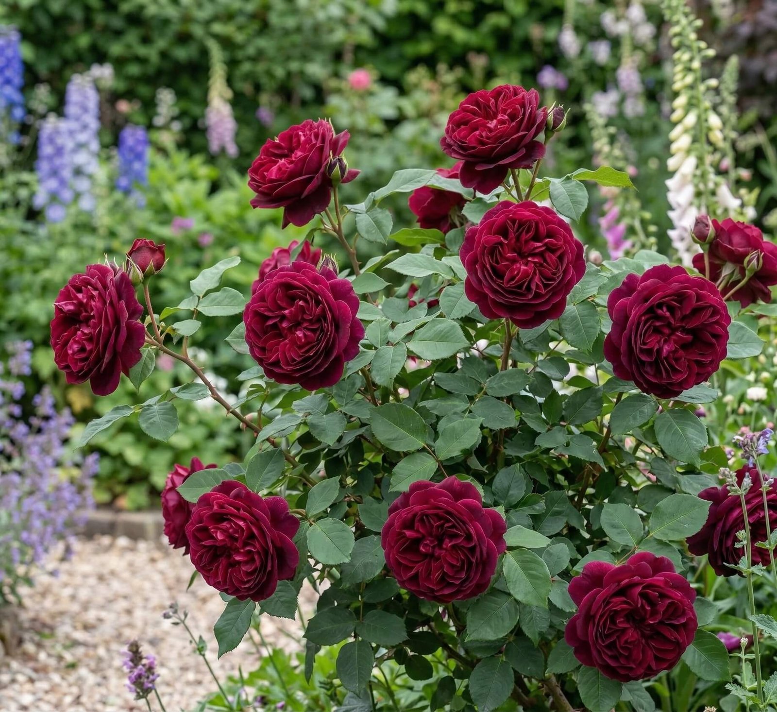 Tamsiai raudoni ir bordo spalvos angliškos rožės (Rosa Munstead Wood) žiedai