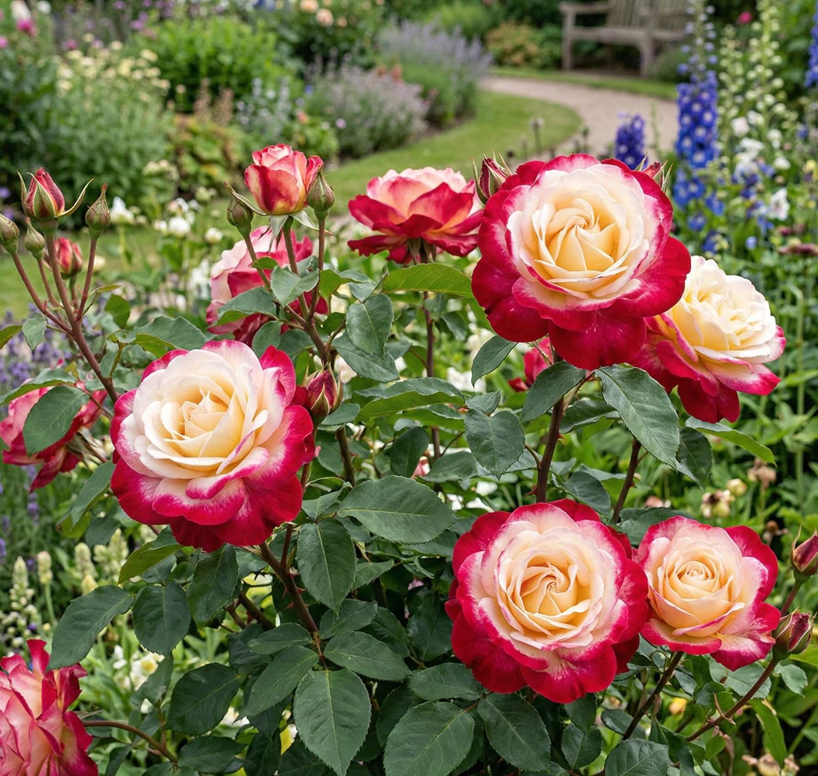 Dvispalviai, kreminiai su raudonais kraštais rožės (Rosa Double Delight) žiedai
