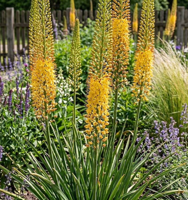 Aukšti geltoni kaukazinio eremūro (Eremurus spectabilis) žiedynai