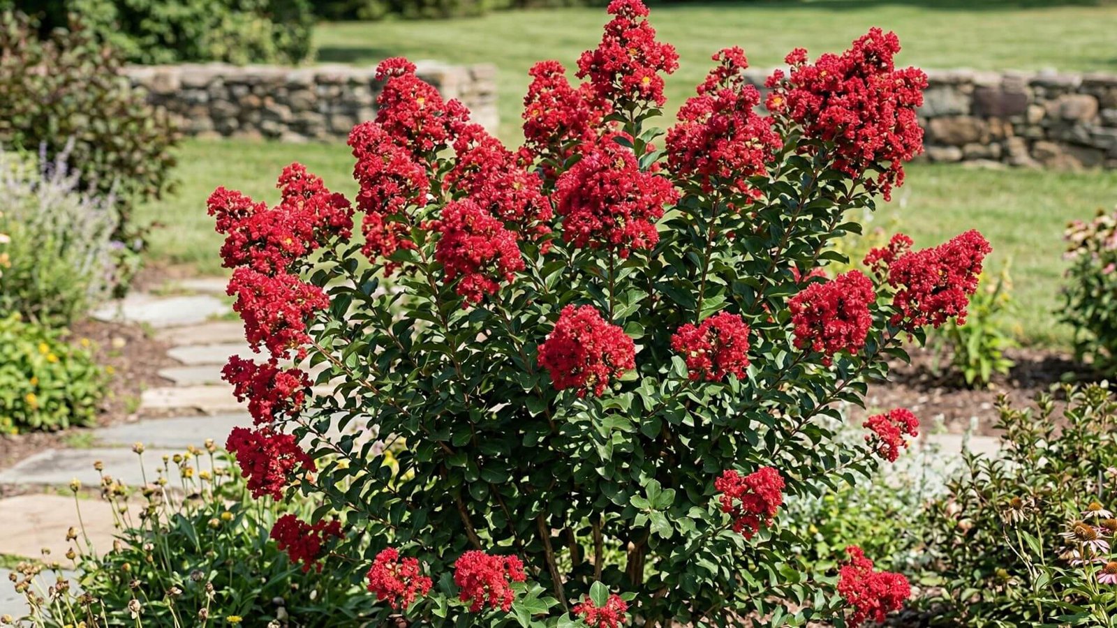 Ryškiai raudoni indinės krausvos (Lagerstroemia indica Red Imperator) žiedai vasaros pabaigoje