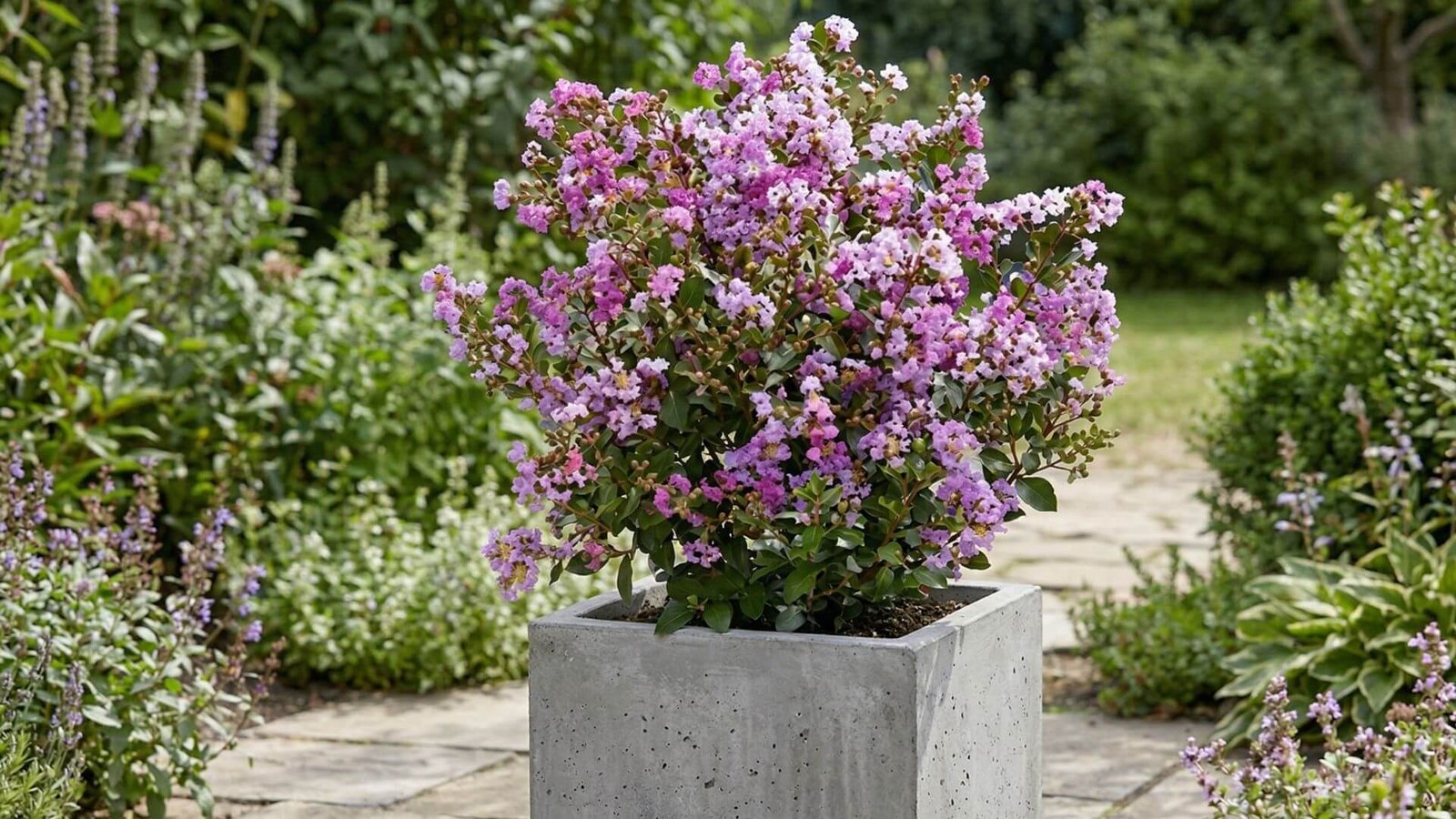 Šviesiai violetiniai indinės krausvos (Lagerstroemia indica With Love Eternal) žiedai vazone