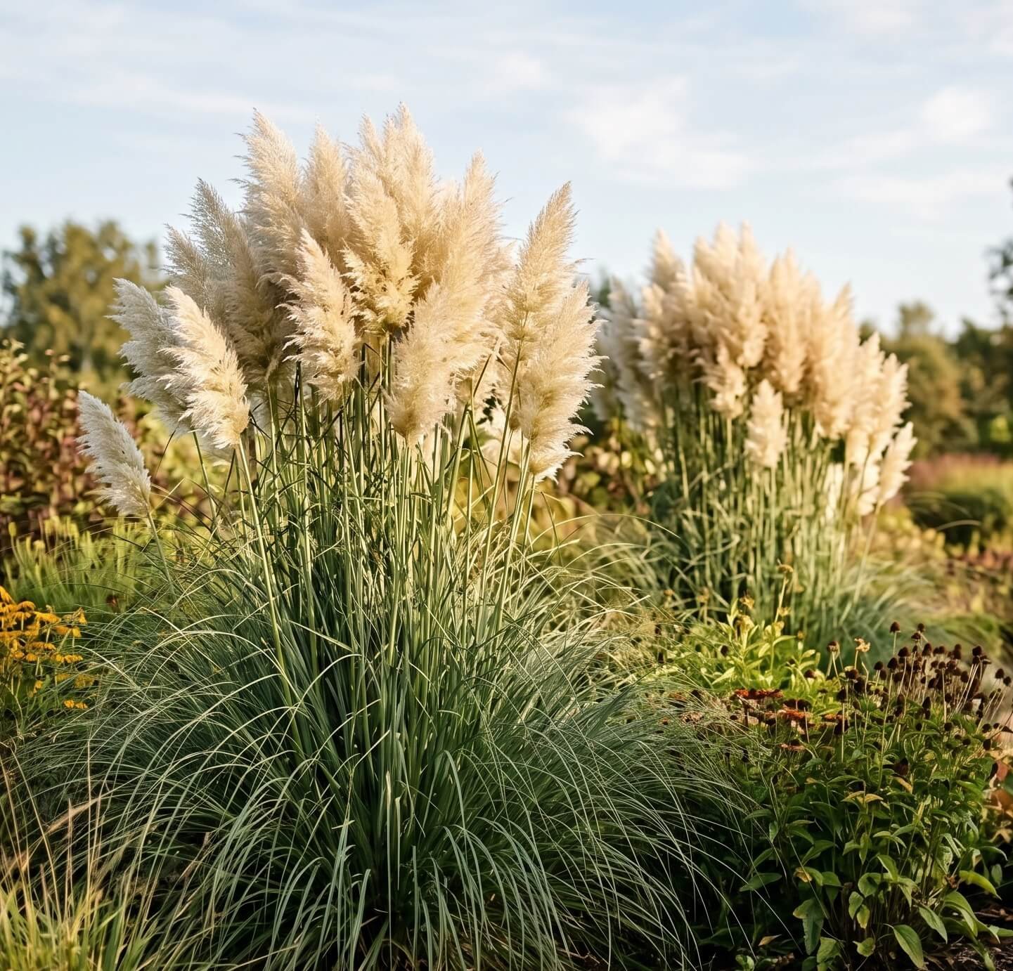 Didžiulės baltos argentininės kortaderijos (Cortaderia selloana) šluotelės rudens sode