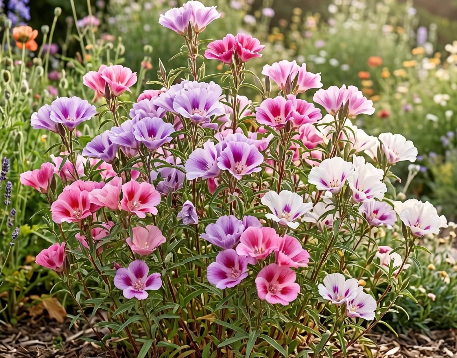 Ryškūs rožiniai ir balti naustabiosios klarkijos (Clarkia amoena) žiedai vasaros gėlyne