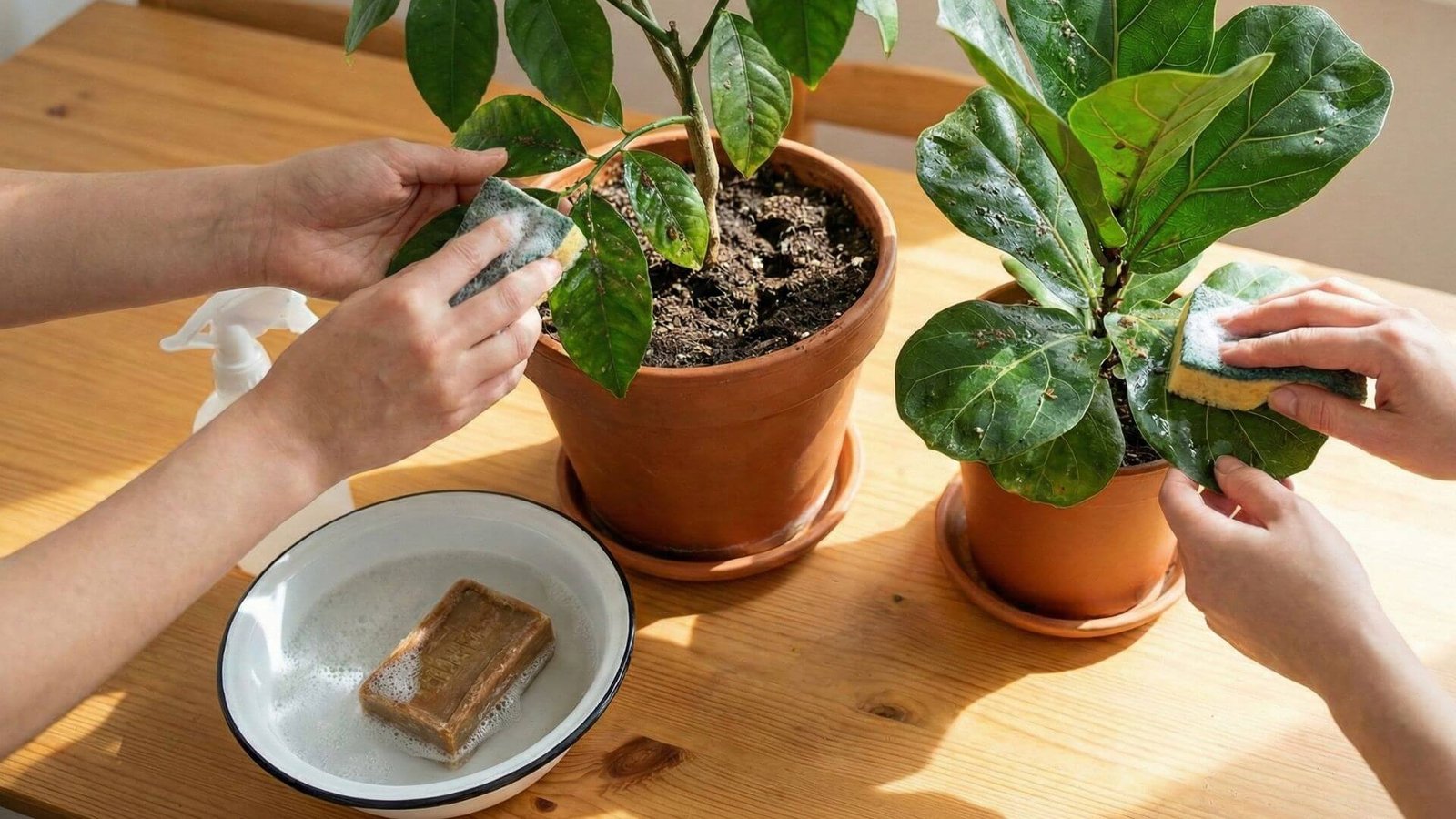 Lipnūs lapai ir skydamariai, kaip išgelbėti citrinmedį ir fikusą su ūkišku muilu?
