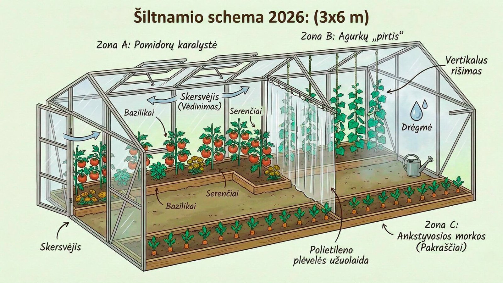 Šiltnamio schema 2026. Kaip susidėlioti lysves, kad tilptų ir pomidorai, ir agurkai, ir ankstyvos morkos?